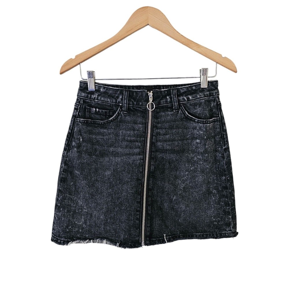 PAIGE Zip Front Skirt Black Jean Motto Distressed Raw Hem 26‎